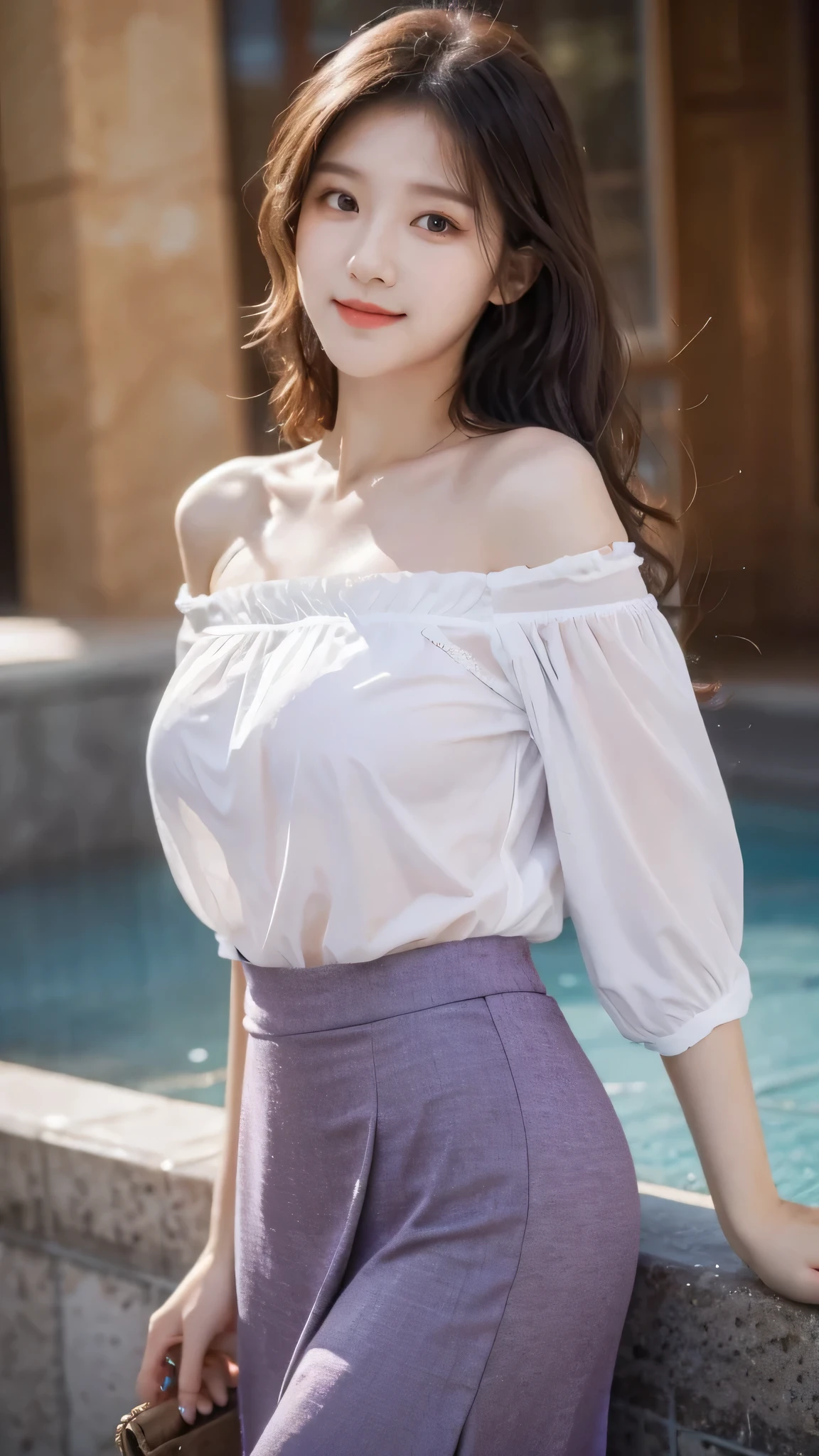 detailed background, masterpiece, best quality, 1 person , curly hair, long hair, purple eyes, star in eye , wet white color Strapless blouse, long skirt