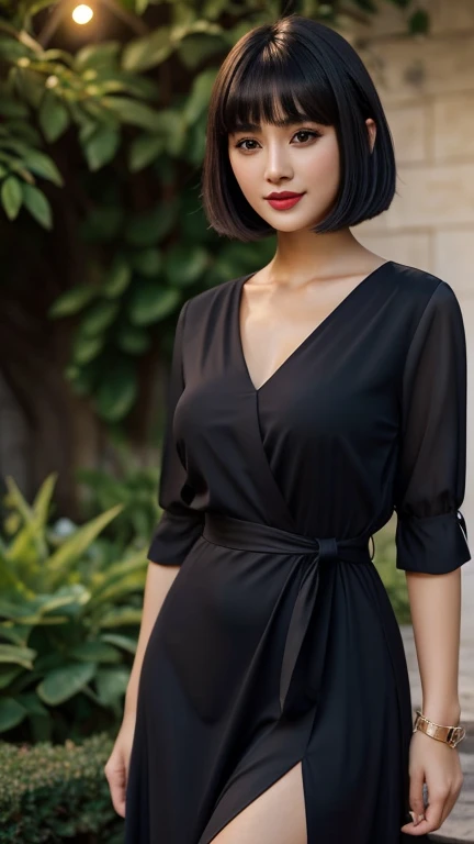 picture a woman with , ela tem cabelo preto with bangs, hime black haircut, , korean, with short hair with bangs, with short hair, dilraba dilmurat, garota korean cruel, hairstyle with bangs style, with bangs, korean symmetrical, Trendy clothes,,,,,, smile wonderful,,,,,,, ultra-detailed portrait of lips with electric blue lipstick highlighted by lighting.The image is full HD with impressive clarity that captures every detail,from the soft lines of the lips to the subtle shine of the lipstick. the lighting accentuates the depth of the color,creating a dramatic and seductive effect,with a dark background to contrast and highlight the lips. with a v-neck shirt highlighting her beautiful breasts((,de corpo inteiro)) in long dress,in one in the garden