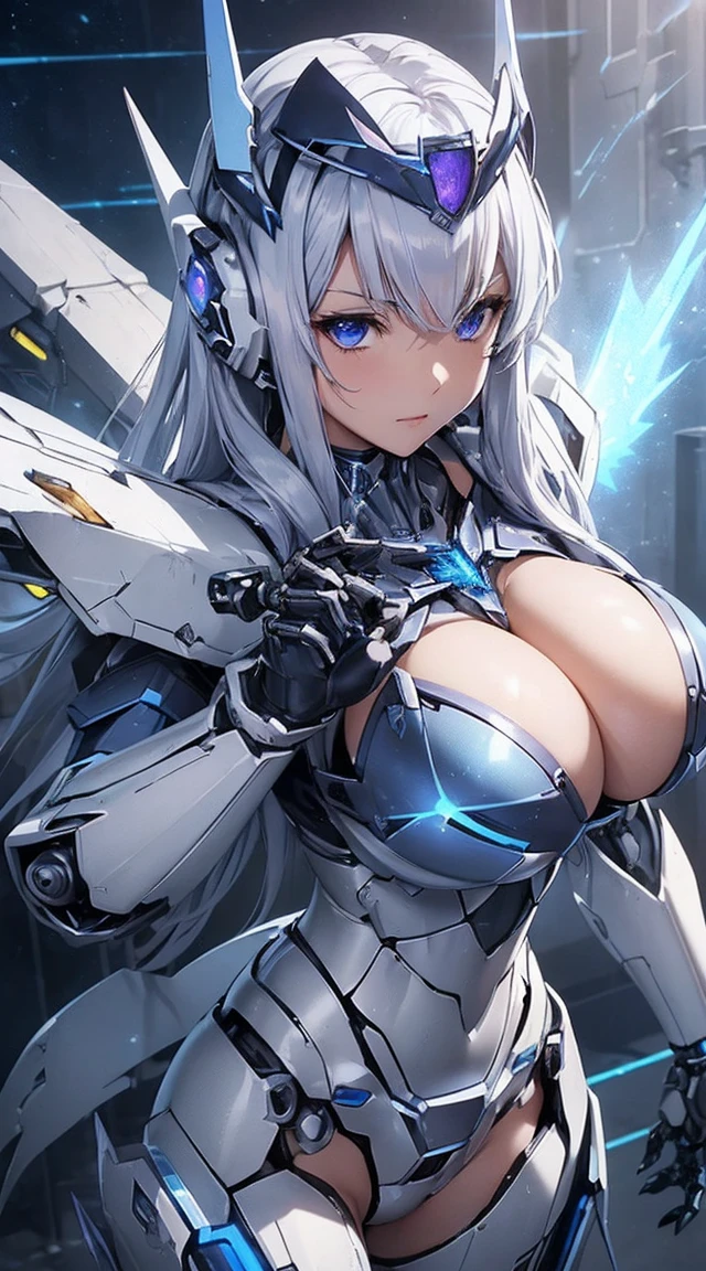 ((Extreme close up:1.6))、(((Shining lenses on both breasts:1.3)))、((Blue pillars of light are emanating from both chests...:1.3))、break、(((Dynamic pose:1.8)))、smile、((8k)), ((32K)), ((Highest quality)), ((masterpiece)), ((Ultra-high resolution)), ((Tmasterpiece)), ((Halation:1.4))、((Mechaニカルheadgear:1.2))、((Cyber Headphones:1.3))Fine skin, High quality fabric, High-quality metal texture、((Beautiful and dense face))、RAW Photos、Professional, Ultra-fine painting, ((alone)), Beautiful breasts、Highest quality, Very detailed, Very detailed詳細, Finer details, so beautiful, ((Princess Knight Robot:1.2)), (Joints of machines, Mechanical Limbs:1.3), (The internal structure of the machine is exposed:1.3), (Long silver hair:1.1), (Beautiful and huge mechanical breasts)、White Veil, cowboy_shot, Side Focus, headgear, Shiny、(Five Fingers, Four fingers and thumb),Concept Art, Anime fantasy artwork, Detailed fantasy art, (with pale blue-violet hair and large white wings,,,,,,,,,), (((Long silver hair))), (Mecha:1.6)、Sleek and intimidating design, ((Commander-in-Chief'arm)), (Perfect robot body)、純白と青紫のarmまたは, Symmetrical wings, 8k高解像度, Detailed Art, 8kでのキャラクターアートの3Dレンダリング, neat legs, Defined, Defined fingers,((headshot:1.3))