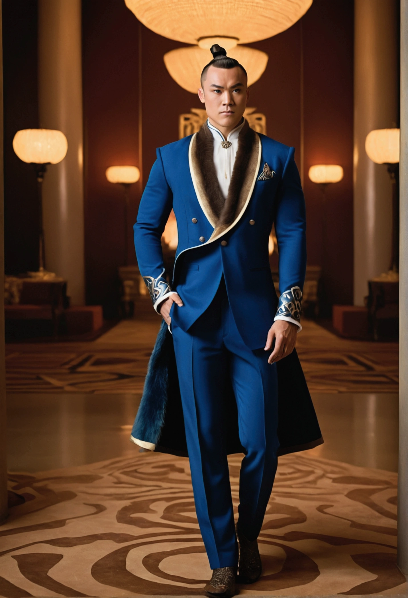 Cinematic photo of Sokka from *Avatar: The Last Airbender*, dressed in a regal and sophisticated gala outfit for a grand celebration ball. The ensemble combines elements of his warrior heritage with high-fashion elegance, showcasing him as a sexy, muscular, and sophisticated figure.Sokka wears a luxurious blue fur blazer that resembles the attire of a king. The fur is designed to be light and chic, highlighting his well-defined muscles while maintaining an air of sophistication. The blazer's royal blue hue and rich texture evoke a sense of regality and grandeur.The outfit features a huge king's cape that flows gracefully like a cloud, adding an ethereal quality to his appearance. The cape's lightness and elegant design enhance the sense of movement and majesty, reflecting his warrior spirit and high status.Sokka's wide Viking-style pants complement the blazer, providing a bold and stylish look that balances comfort with sophistication. The pants have a relaxed fit and are designed to match the overall regal theme of the outfit.His accessories and hairstyle are refined and fitting for a gala, possibly incorporating subtle details that nod to his warrior background. His hair is styled neatly, enhancing his elegant appearance.Sokka’s expression is confident and charming, embodying his transformation into a glamorous and sexy gala guest. The background features an opulent ballroom setting, with luxurious décor and ambient lighting that highlights the beauty of his attire.The high-resolution image captures every detail of his outfit, from the intricate fur blazer and flowing cape to the wide Viking pants. The dramatic lighting emphasizes Sokka’s transformation into an elegant and muscular figure, creating a visually stunning and memorable portrait. --auto--s2, Stock photography, Kodak Portra 400 film, hyperrealistic, realistic texture, dramatic lighting, Cinemastill 800