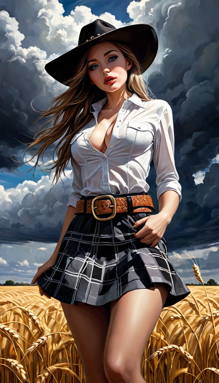 a sexy girl in the middle of a wheat field, very long hair, cowboy hat, unbuttoned white shirt,grabs her breasts, shows her breasts, squeezes her breasts, bare breasts,, cleavage, checkered miniskirt, detailed belt, sexy posing, dark clouds, eroticism, sexy image, black and white,(best quality,4k,8k,highres,masterpiece:1.2),ultra-detailed,(realistic,photorealistic,photo-realistic:1.37),intricate details,vivid colors,sharp focus,professional,Dave McKean artwork, oil touch of surrealism,oil painting style,portrait,woman,beautiful detailed eyes,beautiful detailed lips,dreamlike atmosphere,shadow play,soft lighting,playful pose,minimalist room,dark hues,ethereal background,fantasy elements,texture,layered composition.