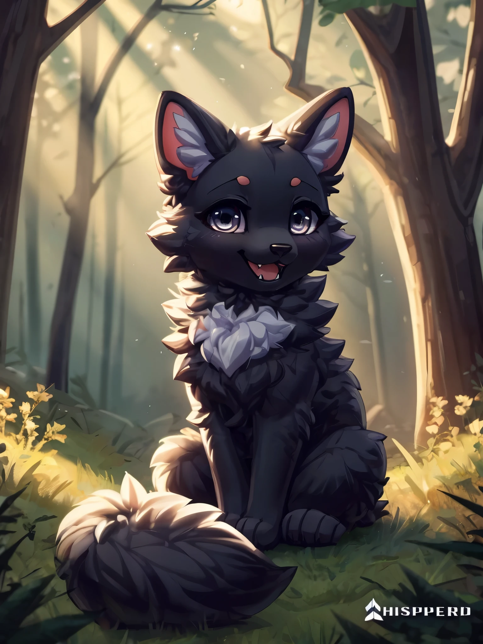 Solo, Cinematic, feral under aged cub, black fur, female, feral, long fluffy tail, happy, sitting, forest background, extremely detailed, beautiful and detailed dilated eyes, grey eyes, full body, ((By WhisperFood))