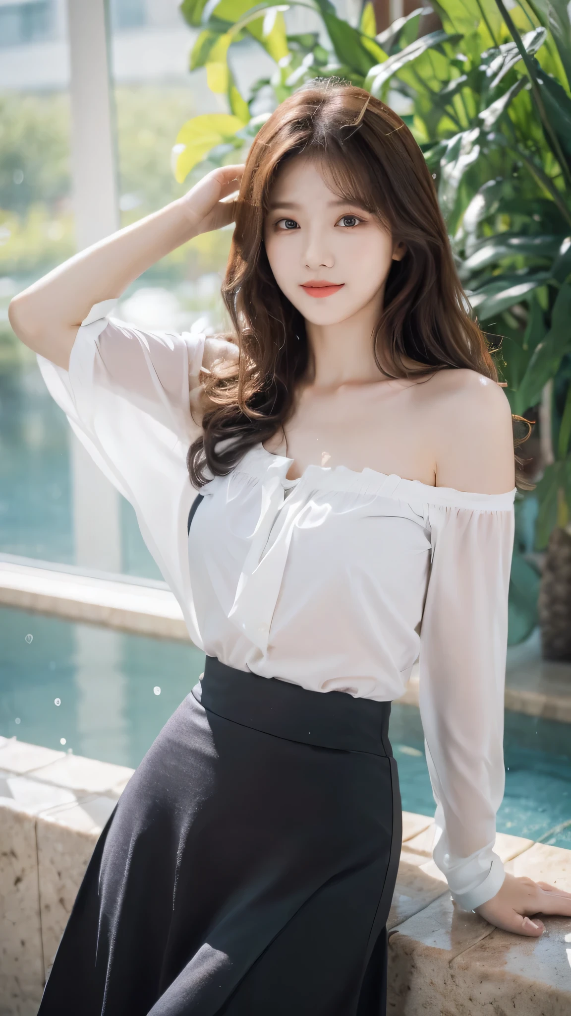 detailed background, masterpiece, best quality, 1 person , curly hair, long hair, purple eyes, star in eye , wet white color Strapless blouse, long skirt