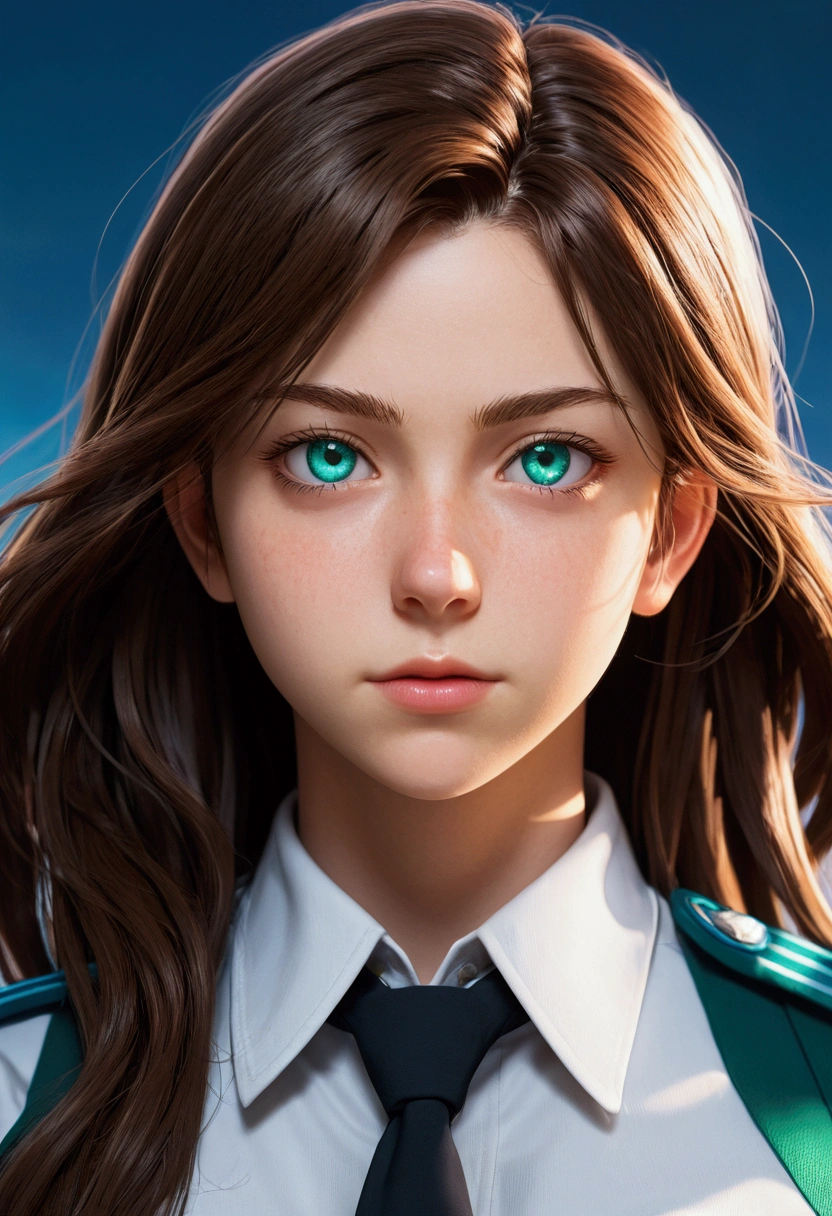 She is a 19 year old woman, (whole body ), she has slightly disheveled long brown hair, light blue eyes,  , fit body , anime art slyle my hero academy , , cool face , she is dressed in the anime female uniform "my hero academia",   , 8k, high quality, masterpiece, , cinematic, vivid colors, shining green eyes