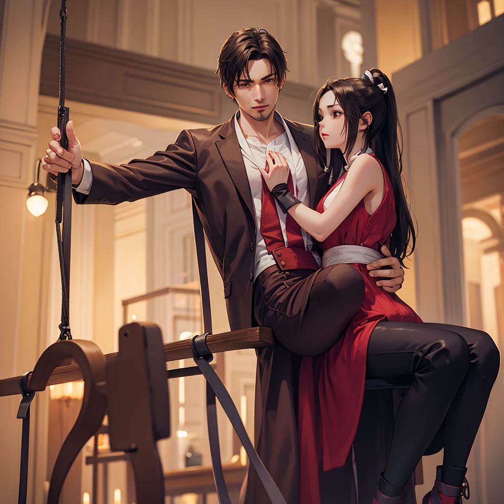 A man sitting on a swing and holding a woman in his arms