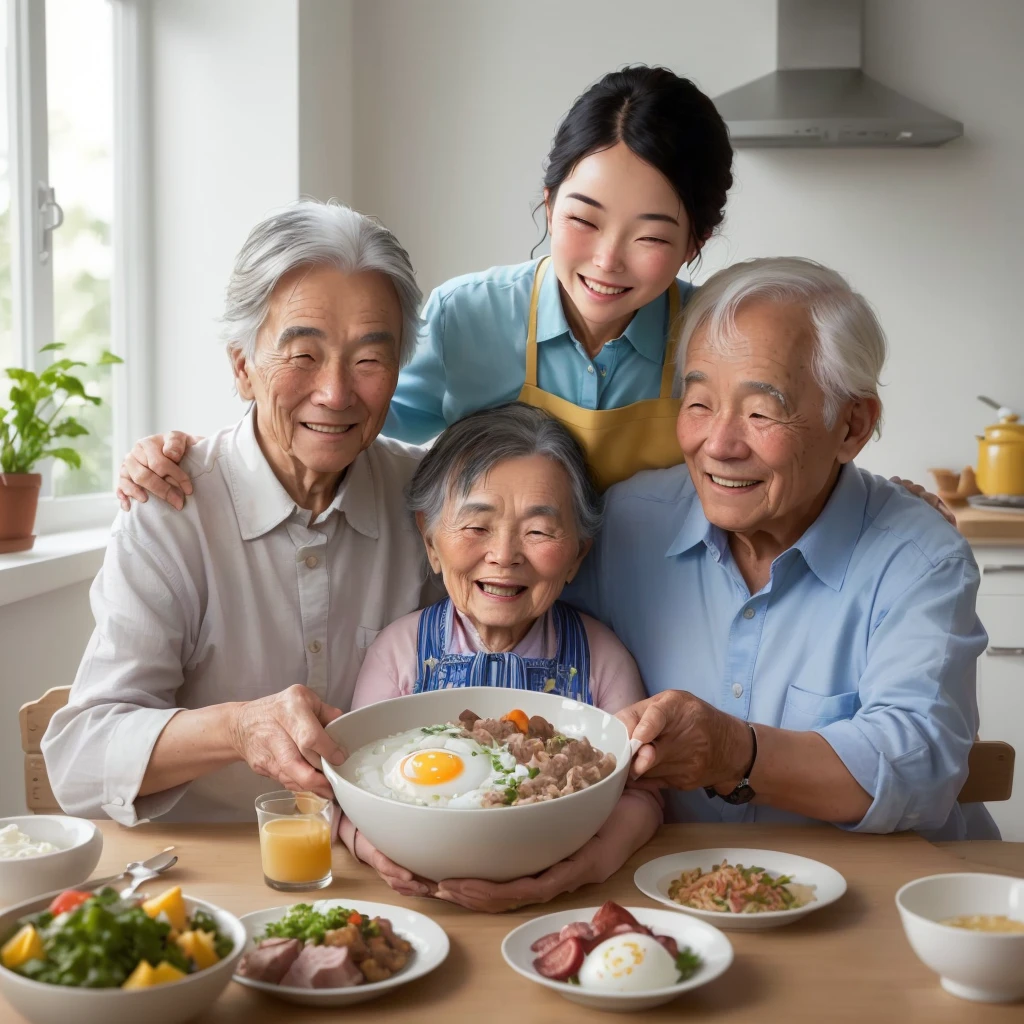 A touching photo captures a memorable family moment in a bright, well-lit kitchen. An elderly woman and an elderly man with perfect white hair are proudly holding a bowl of porridge in the center of the photo, decorated with half an egg, chopped onions, vegetables and some meat hash. Next to her is a happy , about 6 months to 1 year old, eagerly waiting to taste the porridge.
Behind the woman and the older man, probably the daughter of her grandparents, is a woman wearing a blue shirt and yellow apron, her arms outstretched to hug her grandparents' shoulders as if wanting to protect her family. family and smiled warmly when looking back. Previous. The quartet exuded happiness and joy, immersing themselves in the intimate atmosphere of the moment.
The kitchen space is bright and inviting, with soft lighting coming through the window on the left. On the table there are small plates of ingredients as above
