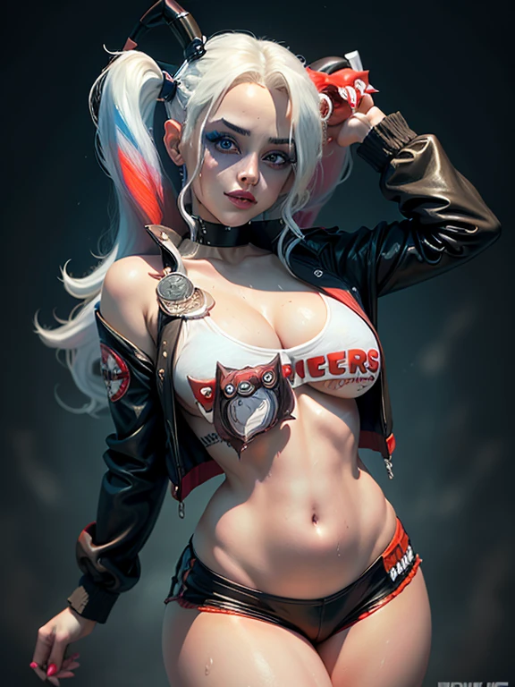 harley quinn, two tailed hair, blue eyes, a navel, Look at the spectators, put your hands behind your back, black jacket, Dolphin shorts, sexy, (White shirt:1.2), wet transparent shirt, wide waist, busty, thick thighs, harley quinn inspired makeup, Underboob showing, able to see nipples through clothing, big\(Body proportions\),
