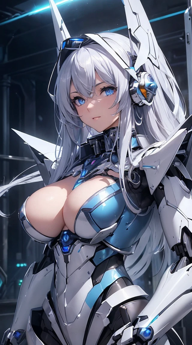 ((Intense action pose:1.6))、((Lenses shining on both breasts:1.3))、((A blue pillar of light emanates from both of his chests..:1.3))、smile、((8k)), ((32K)), ((Highest quality)), ((masterpiece)), ((Ultra-high resolution)), ((Tmasterpiece)), ((Halation:1.4))、((Mechaニカルheadgear:1.2))、((Cyber Headphones:1.3))、Fine skin, High quality fabric, Fine metal texture、((Beautiful and dense face))、RAW Photos、Professional, Ultra-fine painting, ((alone)), Beautiful breasts、Highest quality, Very detailed, Very detailed詳細, Finer details, so beautiful, ((Princess Knight Robot:1.2)),  (Joint of the machine, Mechanical Limbs:1.3), (The internal structure of the machine is exposed:1.3), (Long silver hair:1.1), (Beautiful and huge mechanical breasts)、White Veil, cowboy_shot, Side Focus, headgear, Shiny、(Five Fingers, Four fingers and thumb),Concept Art, Anime fantasy artwork, Detailed fantasy art, (with pale blue-violet hair and large white wings,,,,,,,,), (((Long silver hair))), (Mecha:1.6)、Sleek and intimidating design, ((Commander-in-Chief&#39;arm)), (Perfect robot body)、純白と青紫armまたは, Symmetrical wings, 8k高画質, Detailed Art, 8kでのキャラクターアートの3Dレンダリング, neat legs, Defined, Defined fingers,