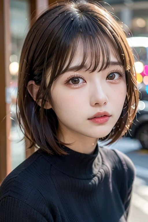 portrait of slim 1girl bang, wavy short hair, as sales person, at car center, wide angle, close up