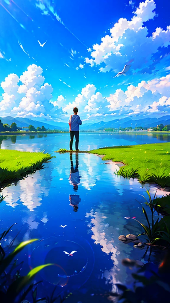 anime, anime landscape, Man watching the clouds, In the grassland, creative, Realist, White cloud, blue sky, Wonderful landscape, Man looking away from the camera, Wide Photography, Realistic grass, Flying Bird. The middle lake, The sky is reflected in the lake, student、Young people、Hot summer sky、Raise your fist