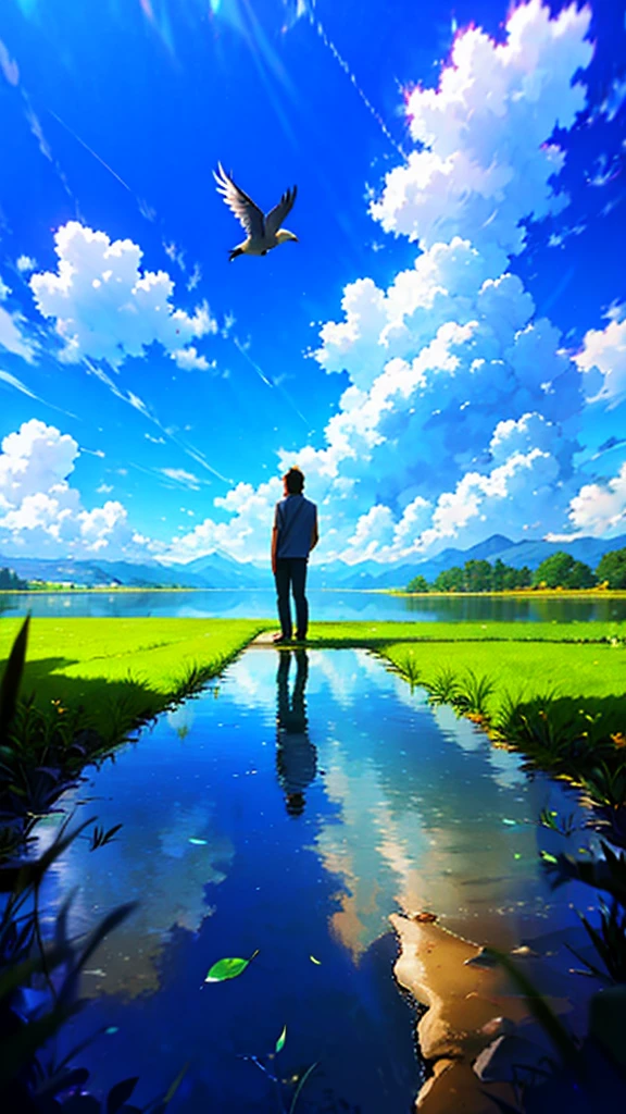 anime, anime landscape, Man watching the clouds, In the grassland, creative, Realist, White cloud, blue sky, Wonderful landscape, Man looking away from the camera, Wide Photography, Realistic grass, Flying Bird. The middle lake, The sky is reflected in the lake, student、Young people、Hot summer sky、Raise your fist