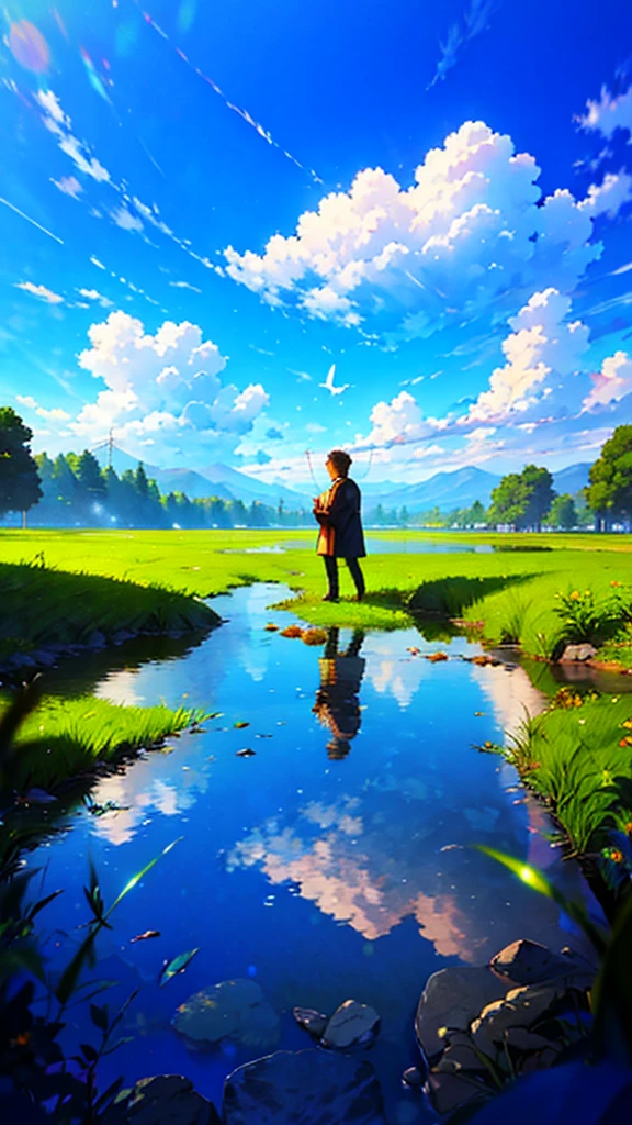 anime, anime landscape, Man watching the clouds, In the grassland, creative, Realist, White cloud, blue sky, Wonderful landscape, Man looking away from the camera, Wide Photography, Realistic grass, Flying Bird. The middle lake, The sky is reflected in the lake, student、Young people、Hot summer sky、Raise your fist