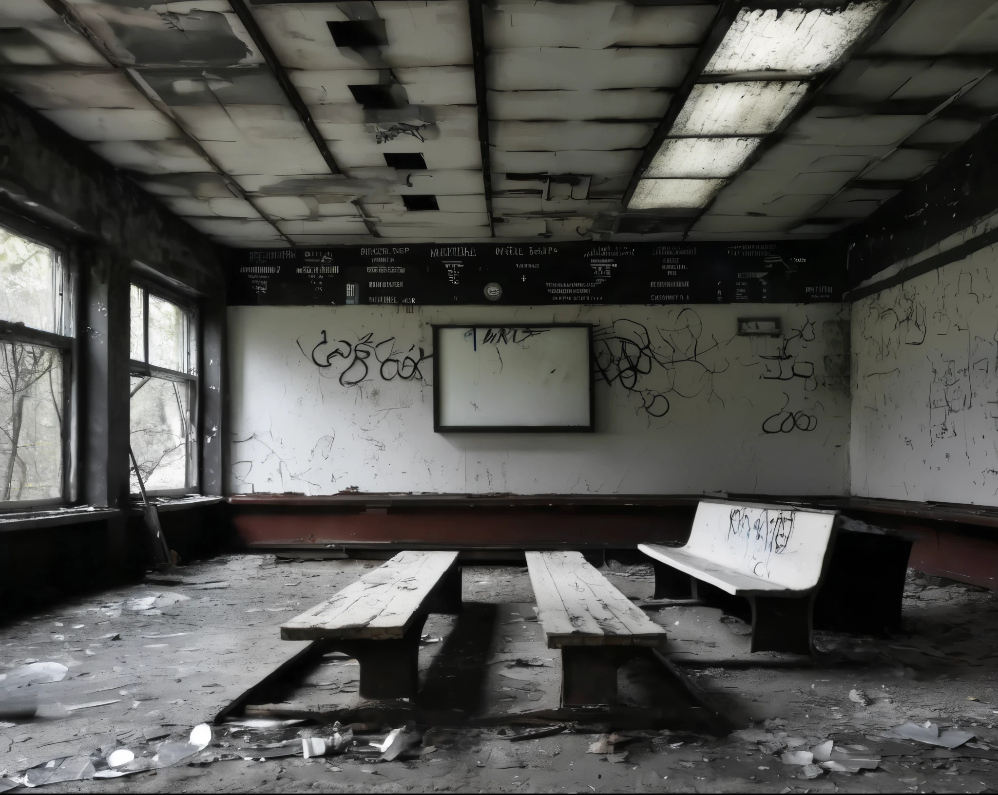 best quality, realistic, vray, hdr, on a post-apocalyptic deserted train station, rusting benches, cracked information board, graffiti-covered abandoned train., by Garry Winogrand, Chern4byl enviroment