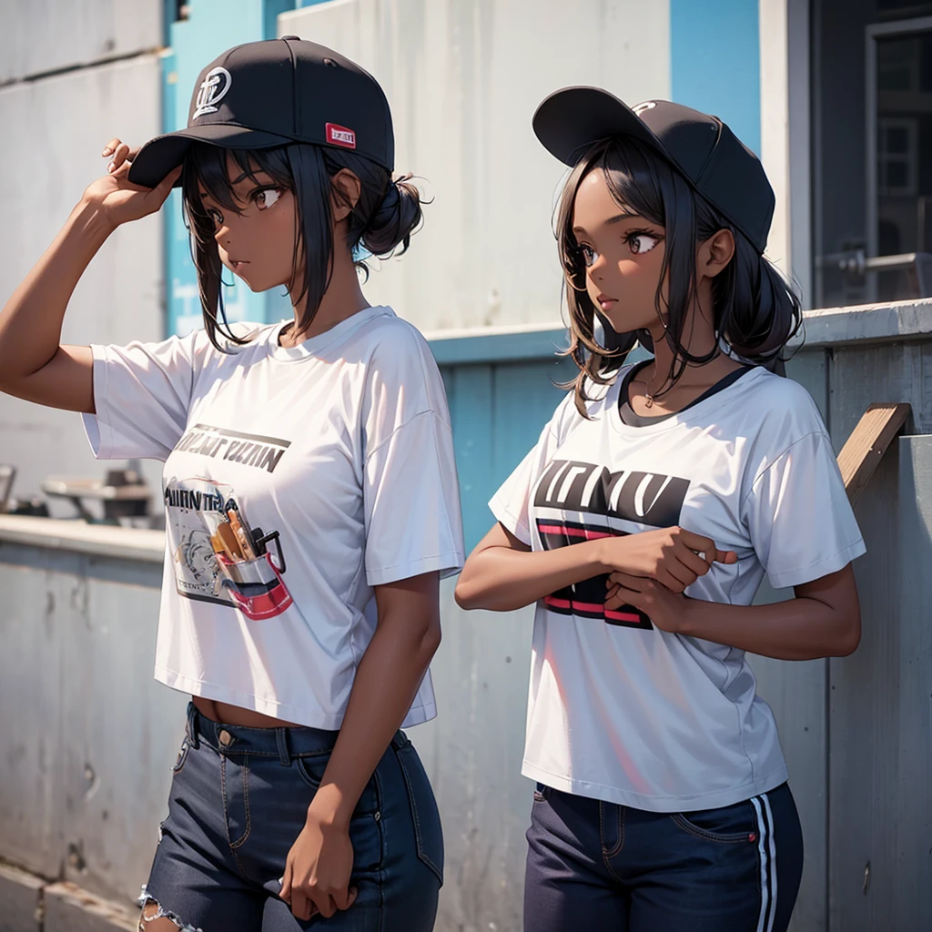 1 girl, One, dark skin, dark-skinned woman, upper body, baseball cap, T-shirt, tomboy