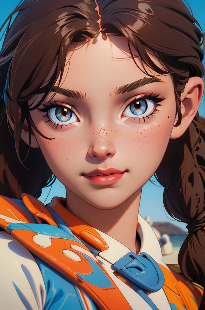 girl, suntan, sharp eyes, freckles, smirk, brown hair, braids, best quality, beach, expressive eyes, perfect face, masterpiece, 4K, 8K