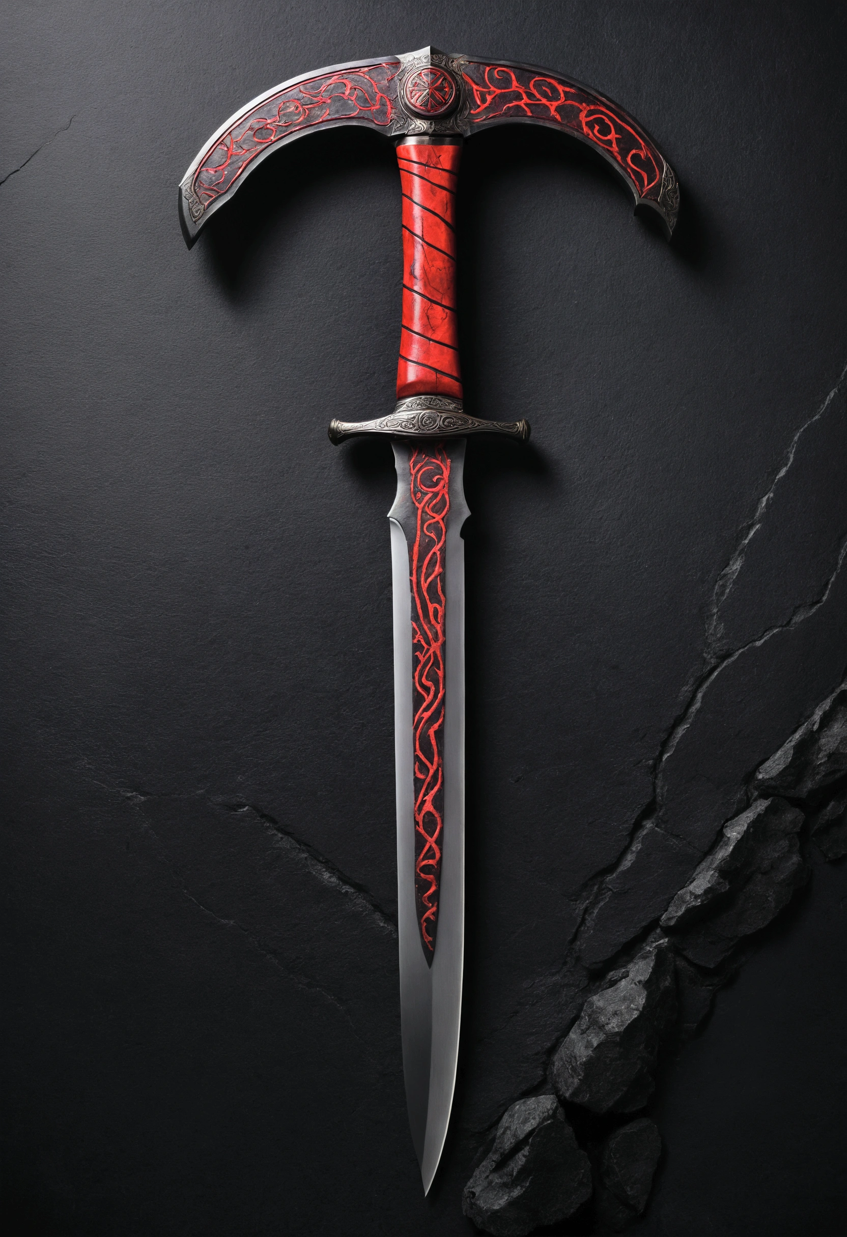 This guy seems to be alive. The handle is made of a cold, black metal., covered in ancient runes and battle marks. Along the blade, pulsating red veins can be seen clearly, as if living blood was flowing through them. These veins extend from the top of the blade to the base of the handle., emitting an ominous glow and a rhythmic pulse, imitating a beating heart. big fit ass, sharp and robust-looking. The blade is made of a dark metal, quase negro, with red highlights on the edges.
Red veins that look alive, pulsating rhythmically along the blade and handle. These veins have an intense shine, almost as if they were full of fresh blood. Made from a black metal, with a rustic finish, covered in ancient runes deeply engraved. The handle is covered with dark leather, worn out from use, but still firm and comfortable. The handle and blade feature runic inscriptions, as well as marks of cuts and scratches, indicating a long history of battles. A faint red glow emanates from the veins, illuminating the nearby environment with a red light. fine red mist, like blood vapor, involves the ax, especially at night or in moments of great tension.