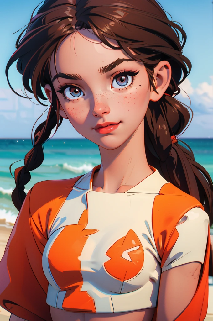 girl, suntan, sharp eyes, freckles, smirk, brown hair, braids, best quality, beach, expressive eyes, perfect face, masterpiece, beach, seaside, 4K, 8K