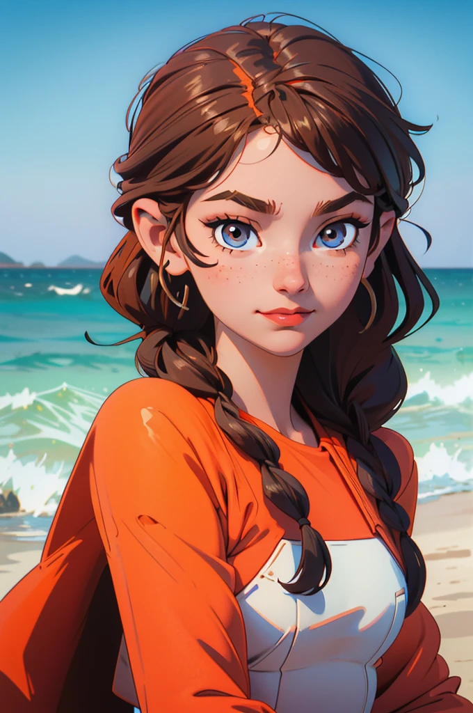 girl, suntan, sharp eyes, freckles, smirk, brown hair, braids, best quality, beach, expressive eyes, perfect face, masterpiece, beach, seaside, 4K, 8K