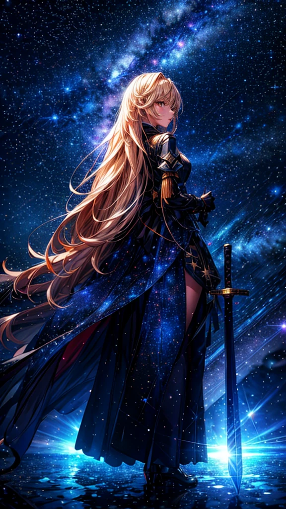 Starry Sky，１people々,　Blonde long hair，Long coat，sword，silhouette， Rear View，Space Sky, Anime Style,masterpiece,best quality,ultra detailed,high-resolution,8k portrait,unity 8k wallpaper,extremely detailed CG unity 8k wallpaper
