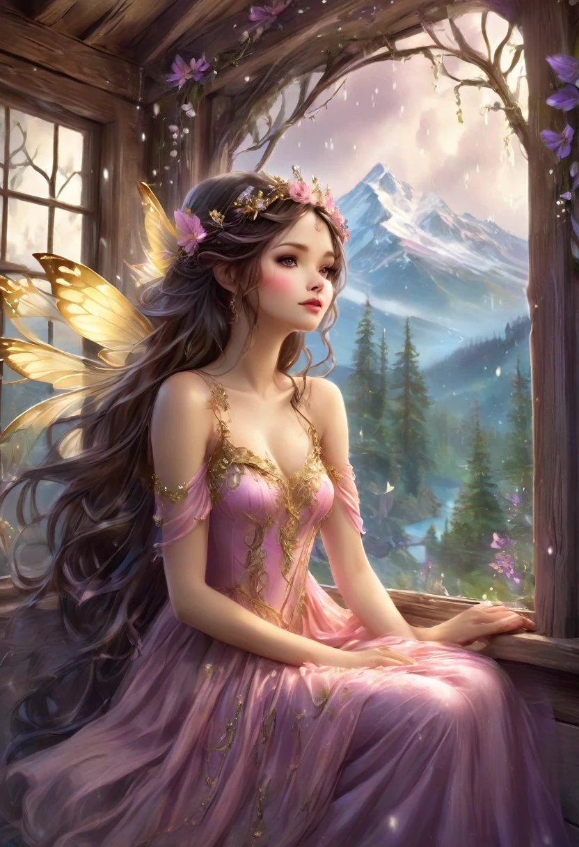 Beautiful and serene fantasy fairy, with long dark brown hair, magical purple eyes, a pretty pink dress with golden accents, sitting on a window ledge inside of a beautiful enchanted cabin, watching the rain fall from the window, enchanted forest and mountains in the background