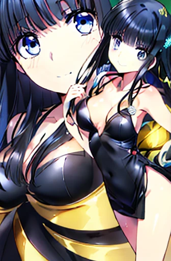 Miyuki Shiba, High resolution, Soft Light,1girl female with slim body, Hip Up, Glowing Skin, (Detailed face), night, long black hair and blue eyes that beckon, attractive look, Sexy smile, Perfect Style, Perfect balance, Fine skin, Naughty look, skimpy low-cut (red) dress,