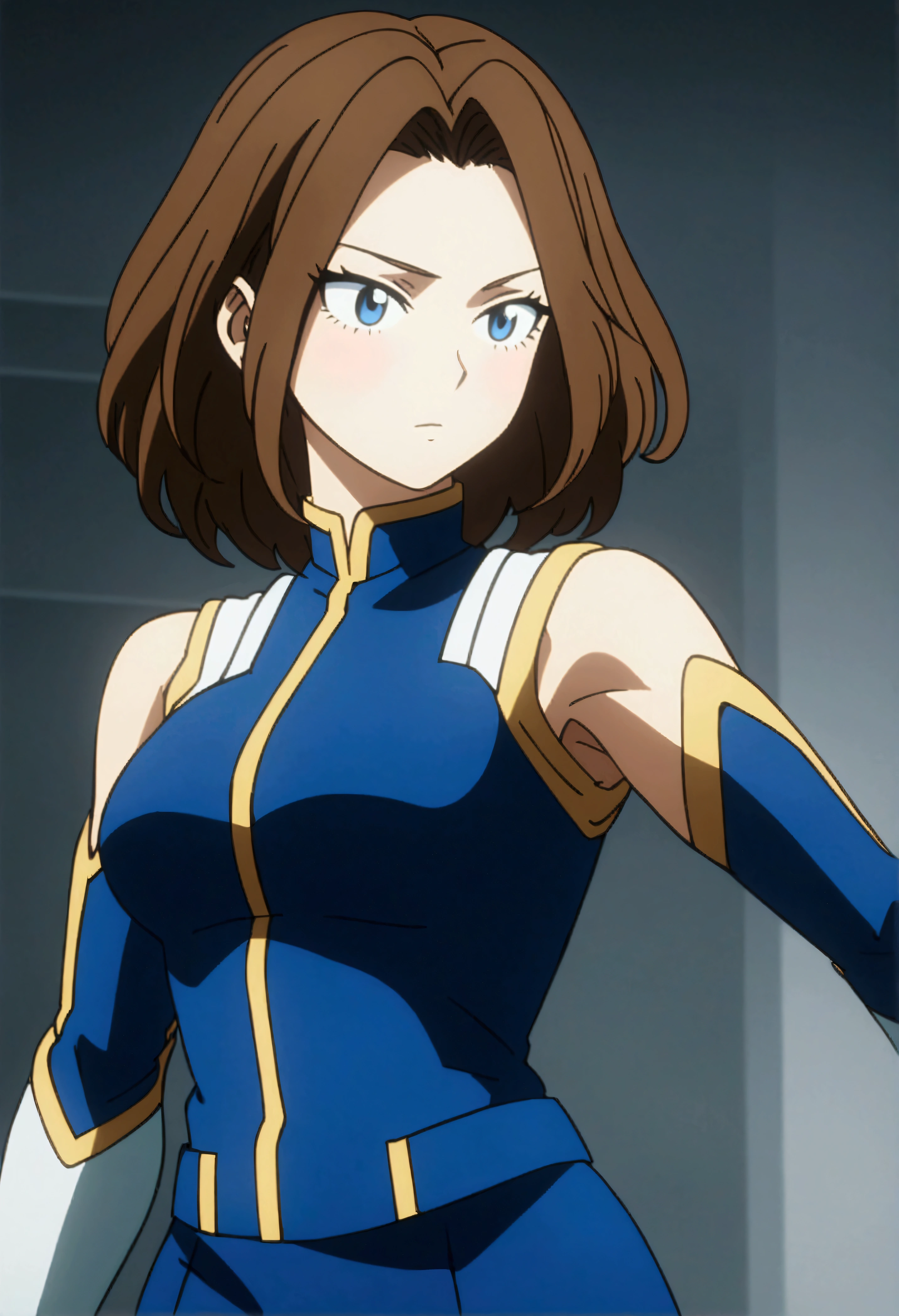 She is a 19 year old woman, (whole body ), she has a long brown hair, light blue eyes,  , fit body , anime art slyle my hero academy , , sexy face , she is dressed in the anime female uniform "my hero academia",   , 8k, high quality, masterpiece, , cinematic, vivid colors, shining blue eyes