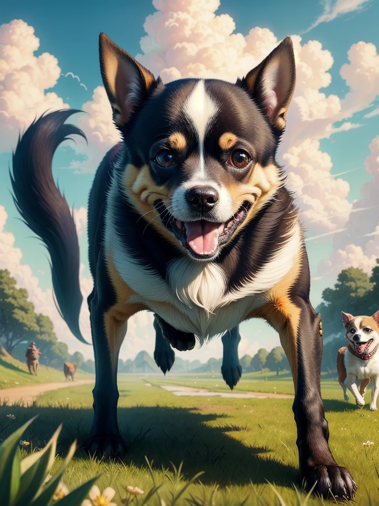 ((Best quality)), ((masterpiece)), (detailed),(fantasy illustration:1.3), mystical sky, soft colors, (detailed cloudscape:1.3), (a high resolution:1.2), (rating_obvious), Chihuahua, dog, black color doggie, funny, mad, smiles, ears upright, running through the park on the grass, in the background there are many dogs of different breeds, the dog runs towards the camera, sunny day, high detail