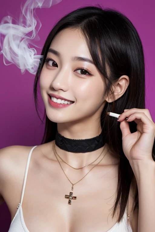 arafed woman with a cigarette in her mouth and a tattoo on her chest, kiko mizuhara, cigarette in mouth, lips on cigarette, by Shinoda Toko, Inspired by Yuko Tatsushima, with a cigarette in its mouth, Wearing a choker, cigarette, Dilraba Dilmurat, Dua Lipa, HeadshotProfile picture, San Yun-ju、Insane smile、