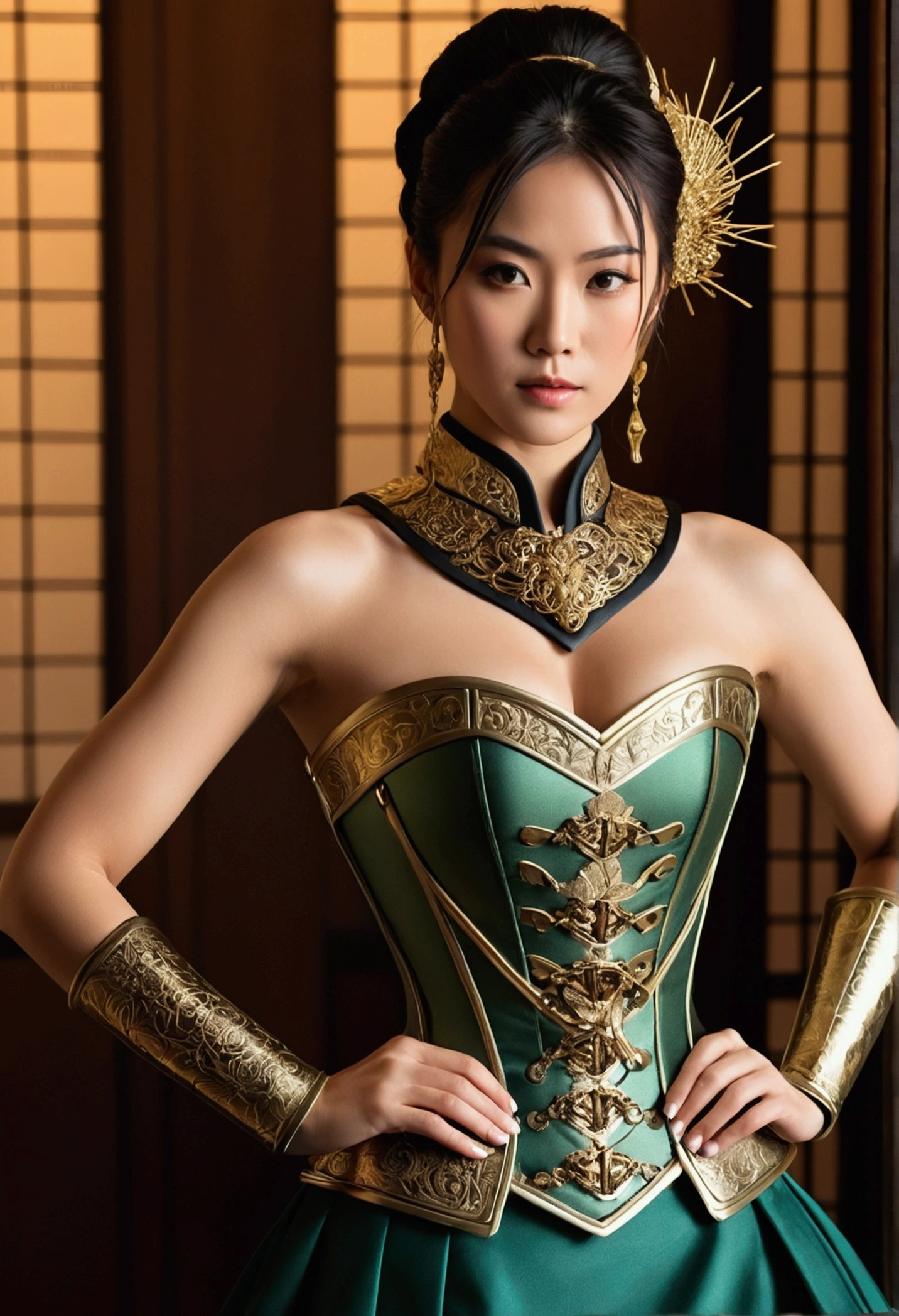 Cinematic photo of Suki from *Avatar: The Last Airbender*, elegantly dressed in a formal samurai outfit for a grand celebration ball. Her ensemble blends traditional samurai elements with high-fashion sophistication, highlighting her as a chic, sexy, and brave figure.Suki wears a fancy samurai-style metal corset that exudes strength and elegance. The corset is intricately designed with metallic detailing, showcasing its craftsmanship and adding a touch of glamour to her warrior spirit. The metal corset is both stylish and form-fitting, accentuating her physique while maintaining a sophisticated appearance.The outfit features a metallic green, brown, and gold samurai-style flared skirt. The skirt is designed to evoke traditional samurai armor with modern flair, incorporating subtle references to samurai culture. Its metallic sheen and flared design add a dramatic effect, enhancing her graceful and powerful presence.Her accessories and hairstyle complement the samurai theme, possibly including elegant, traditional details or modern touches that align with the formal occasion. Her hair is styled in an elegant updo or flowing with intricate details that reflect her fierce and chic personality.Suki’s expression is confident and alluring, capturing her transformation into a glamorous and brave gala guest. The background features an opulent ballroom setting, with luxurious décor and soft, ambient lighting that highlights the beauty of her outfit.The high-resolution image captures every detail of her attire, from the intricate metal corset to the flared skirt with its metallic accents. The dramatic lighting emphasizes Suki’s transformation into a chic and sexy figure, creating a visually stunning and memorable portrait. --auto--s2, Stock photography, Kodak Portra 400 film, hyperrealistic, realistic texture, dramatic lighting, Cinemastill 800