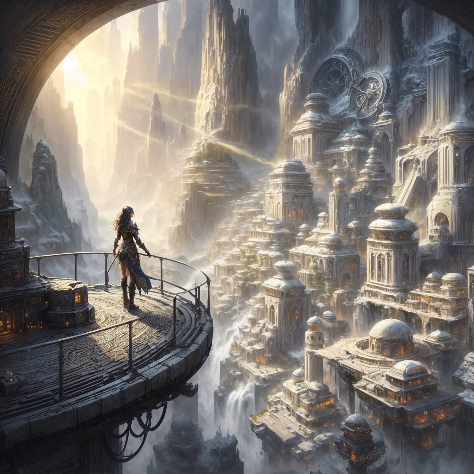 a woman standing on a bridge looking at a city in a fantasy world, in fantasy sci - fi city, epic fantasy sci fi illustration, ancient sci - fi city, sci-fi fantasy art, epic scifi fantasy art, mystical sci-fi concept art, stunning concept art, epic fantasy concept art, highly detailed fantasy art, big and structured valhalla city