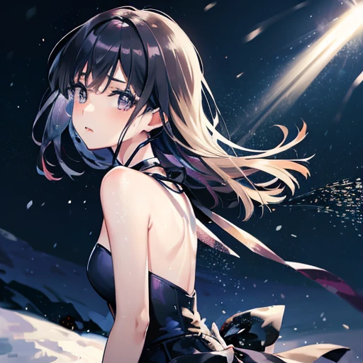 A gorgeous picture of Hotaru Tomoe in a skimpy low-cut strapless purple dress with fantastic snow and ice effects, dramatic lighting, stark light and dark contrast