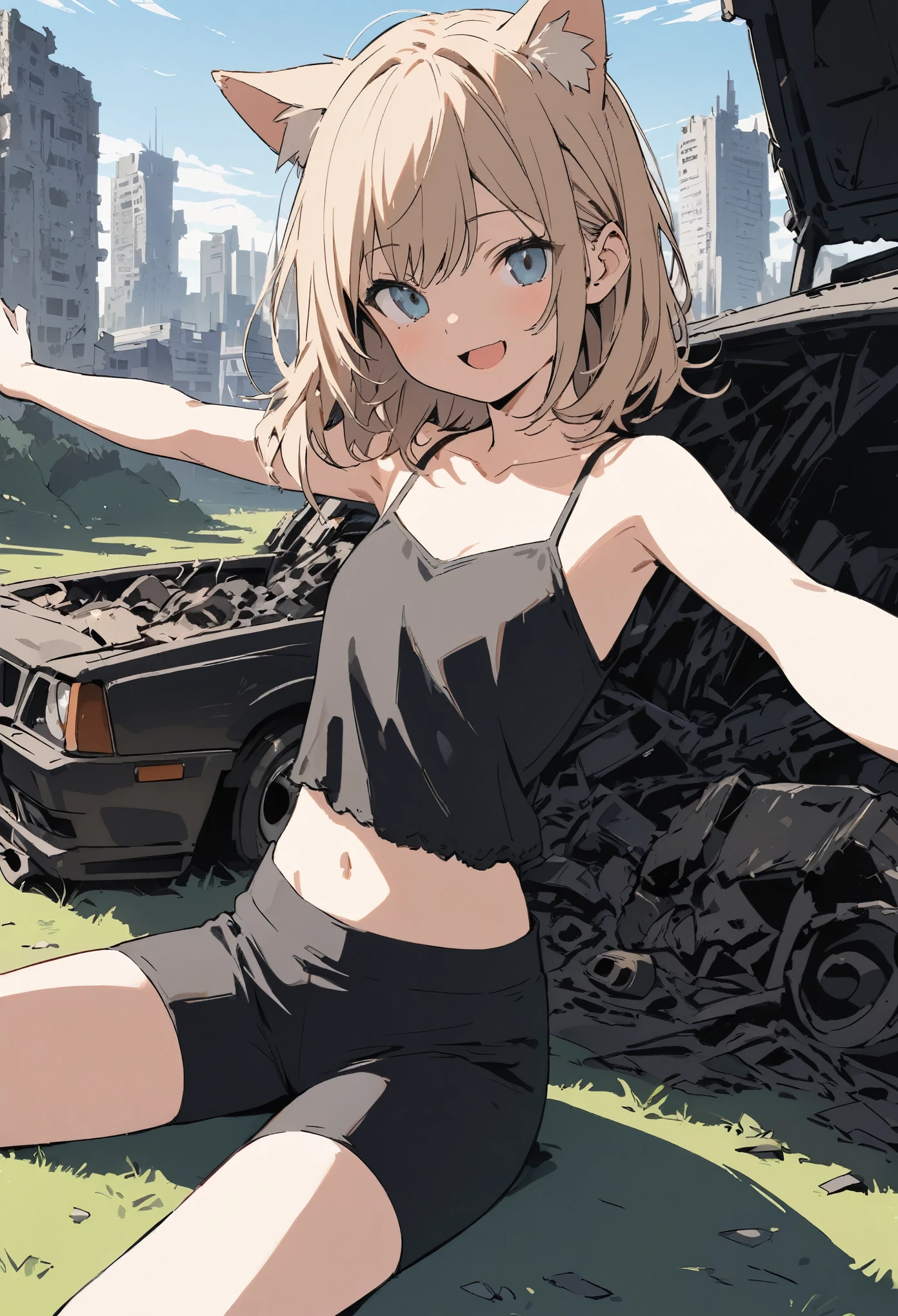 ((Masterpiece)), ((best quality)), ((kawaii)), (flat color), (flat shading), (super detail:1.2),(High Definition:1.3), (Professional Photography:1.2), (wide shot), (very aesthetic:1.2), (absurdres:1.2), (sharp focus), (perfect light), (drop shadow), ((12 years old)), ((1girl)), (Glossy skin), (Reaching out arms), (Luxury camisole), tight boxer shorts, cleavage, (exposed neck), (Cute innocent teenage girl), slendar body, slim waist, glossy medium hair, (naughty smile), :d, open mouth wide, beautiful collarbones, (exposed stomach), cat ears, pale brown hair, BREAK, ((Rotting scrap car)), (Sitting on the beautiful lawn), Beautiful landscape, (Hair that flutters in the wind), ruins cityscape spreading out below,