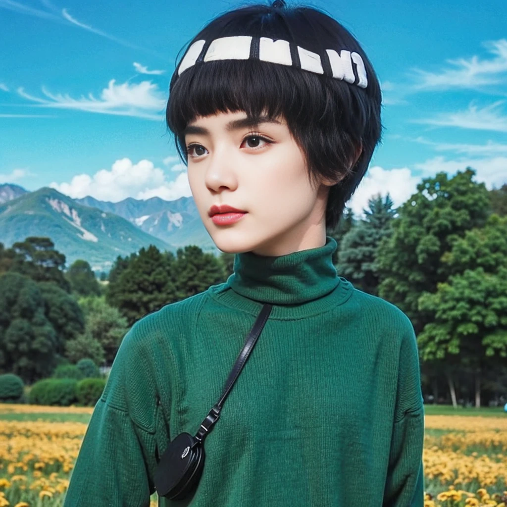 a young man with a typical bowl haircut and thick eyebrows. She has fair skin and big expressive eyes. he wears a green turtleneck and the backdrop is a bright blue sky with a few clouds and a view of trees and mountains in the distance.