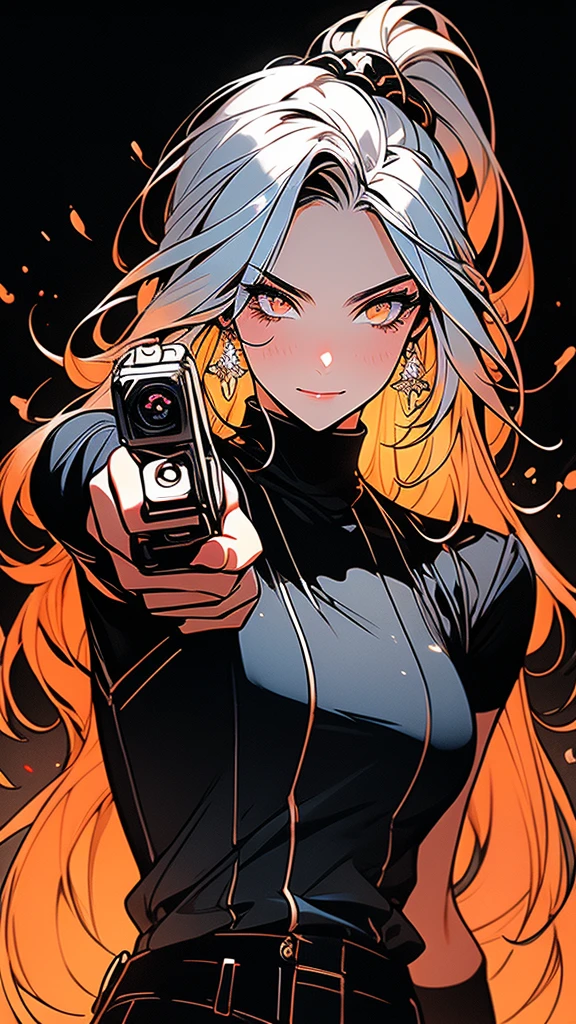 4K Ultra HD, Masterpiece, A girl with a magical aura, (good face:1.2), very Long hair, Detailed eyes, Glossy lips, Girl pointing a gun at the camera, crazy look, beautiful orange eyes, silky silver hair, turtleneck shirt, sleeveless jacket, black pants, crazy smile, cyberpunk style, crimson and bloody color scheme, neon ink shading, glowing outline effect, glowing ink effect, dripping ink effect, white background, epic composition, cinematic scene, (perfect details: 1.1), (beautiful and clear background: 1.2), (extremely detailed computer graphics, ultra detailed, best shadow: 1.1), (finely detailed beautiful eyes), ( full-length 1.1)