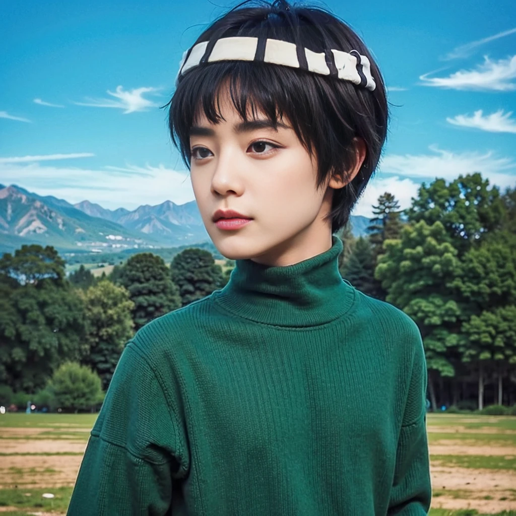 a young man with a typical bowl haircut and thick eyebrows. She has fair skin and big expressive eyes. he wears a green turtleneck and the backdrop is a bright blue sky with a few clouds and a view of trees and mountains in the distance.