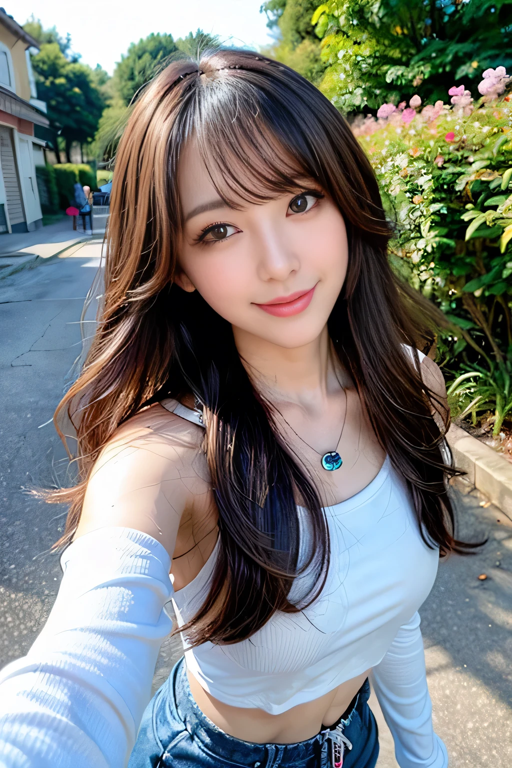 seed;2372725988,((Full Body Angle))、((Front hair:1.3))、((Highest quality, 8k, masterpiece: 1.3)), concentrated: 1.2, Cute girl 1,Nipples erect、 Perfect beauty: 1.4,Summer off-the-shoulder cropped T-shirt、Letter Print、Shorts: 1.2,Long sleeve、Randall Color、comics&Text Graphics、Black ruffle-trimmed drawstring zip blouse,1.1, Highly detailed face and skin textures, Fine grain, double eyelid, whitening skin, ,Highest quality,Ultra-high resolution,you,1 girl,alone,_Shiny_skin,Iris,necklace,((brown_length_Wavy_hair)),(lips)),eyelash,Front hair,deal with,compensate,Shiny,pore,skin,Large Breasts、((smiling face))、stroll、Selfie、
