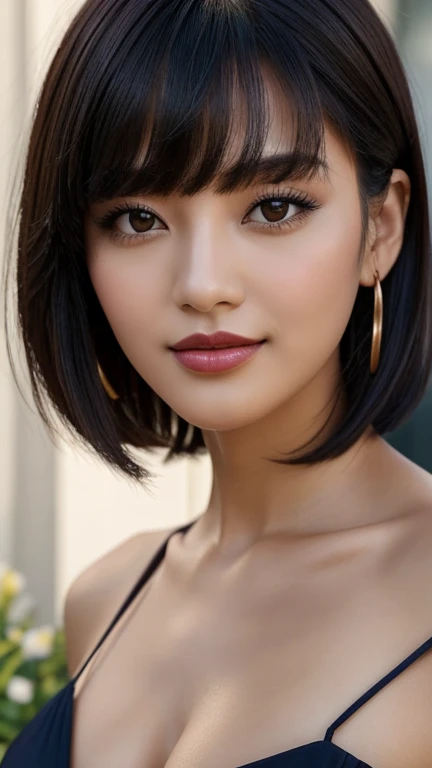 picture a woman with , ela tem cabelo preto with bangs, hime black haircut, , korean, with short hair with bangs, with short hair, dilraba dilmurat, garota korean cruel, hairstyle with bangs style, with bangs, korean symmetrical, Trendy clothes,,,,,, smile wonderful,,,,,,, ultra-detailed portrait of lips with electric blue lipstick highlighted by lighting.The image is full HD with impressive clarity that captures every detail,from the soft lines of the lips to the subtle shine of the lipstick. the lighting accentuates the depth of the color,creating a dramatic and seductive effect,with a dark background to contrast and highlight the lips. with a v-neck shirt highlighting her beautiful breasts((,de corpo inteiro)) in long dress,in one in the garden in very sexy boses