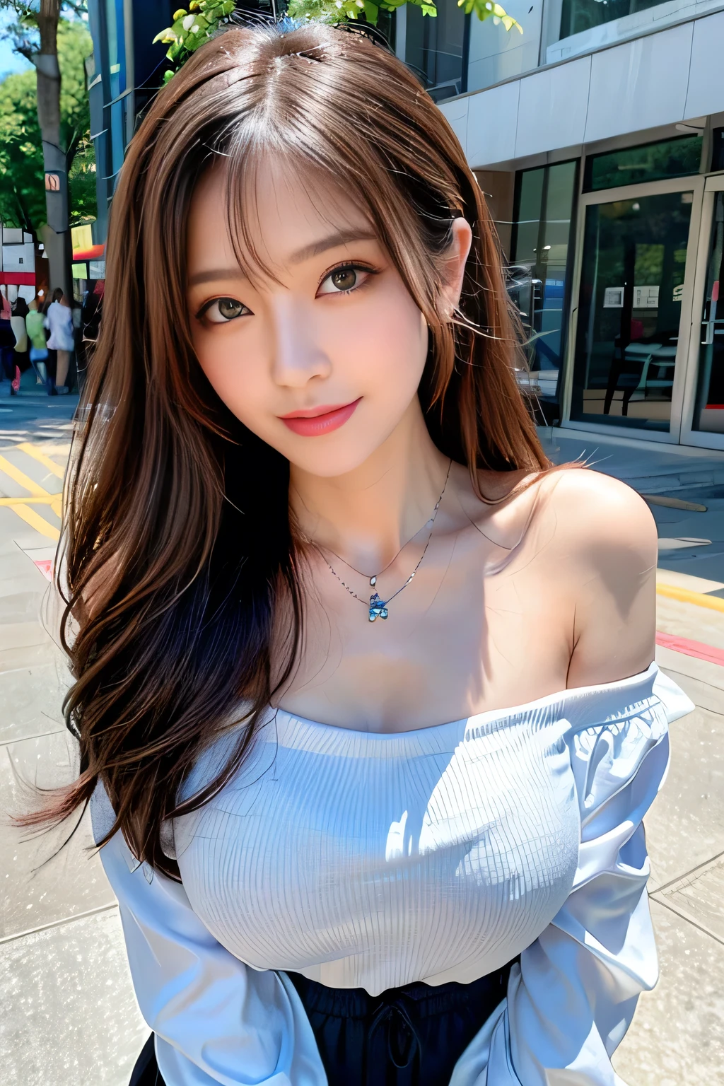 seed;2372725988,((Full Body Angle))、((Front hair:1.3))、((Highest quality, 8k, masterpiece: 1.3)), concentrated: 1.2, Cute girl 1,Nipples erect、 Perfect beauty: 1.4,Summer off-the-shoulder cropped T-shirt、Letter Print、Shorts: 1.2,Long sleeve、Randall Color、comics＆Text Graphics、Black ruffle-trimmed drawstring zip blouse,1.1, Highly detailed face and skin textures, Fine grain, double eyelid, whitening skin, ,Highest quality,Ultra-high resolution,you,1 girl,alone,_Shiny_skin,Iris,necklace,((brown_length_Wavy_hair)),(lips)),eyelash,Front hair,deal with,compensate,Shiny,pore,skin,Large Breasts、((smiling face))、stroll、Selfie、