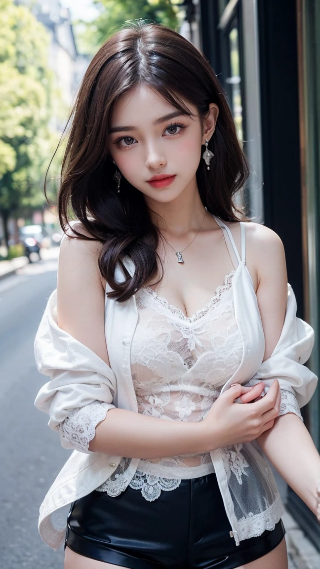 ((A beautiful girl walking down the Avenue Montaigne:1.5)), (masterpiece:1.3), light makeup, red lips, beautiful hair, (Medium Hair:1.3), elegant, soft lighting, Very fine details, masterworks, authentic texture, perfect work, 16k, high resolution, exquisite features, brown eyes, (Ultra-high resolution eye:1.1), Japanese idol, beautiful face, ((artists work)), (gentle smile like a goddess), attractive, well-shaped breasts, beautiful cleavage, shiny skin, smooth skin, BREAK, ((Navy Tulle camisole dress decorated with fine lace:1.3), BREAK, (White jacket and black hot pants:1.3), earrings, necklace, BREAK, upper body, ((Asking for a hug and kiss:1.5)), (close up:1.2), Put your arms out in front of you