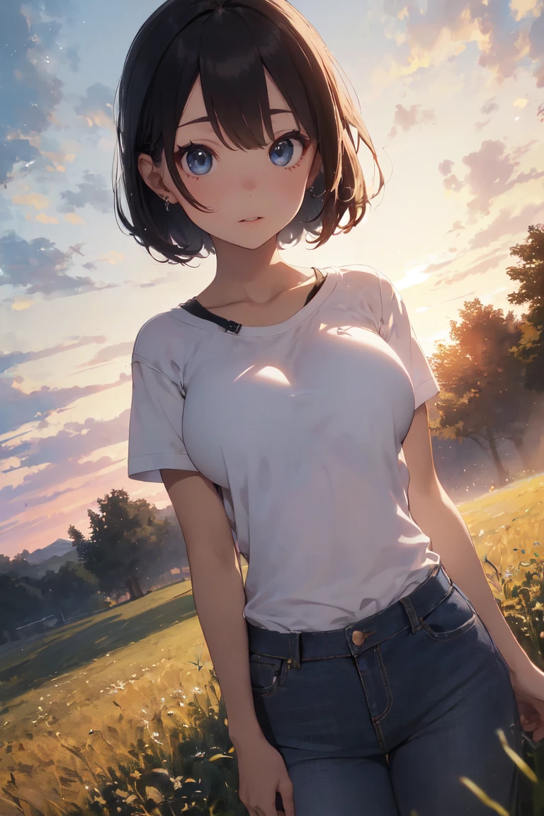 ((mediaevening, Best Quality, 8k, masterpiece :1.3)), whole body, long legs, sharp focus :1.2, blue eyes, A pretty woman with a perfect figure. :1.4, slim abs :1.1, ((Dark brown hair, big breasts :1.2)), (White fitted t-shirt, Bib jeans, standing:1.2), ((Night view of the field, Rural, evening, ceiling:1.3)), Very detailed face and skin texture., detailed eyes, double eyelid