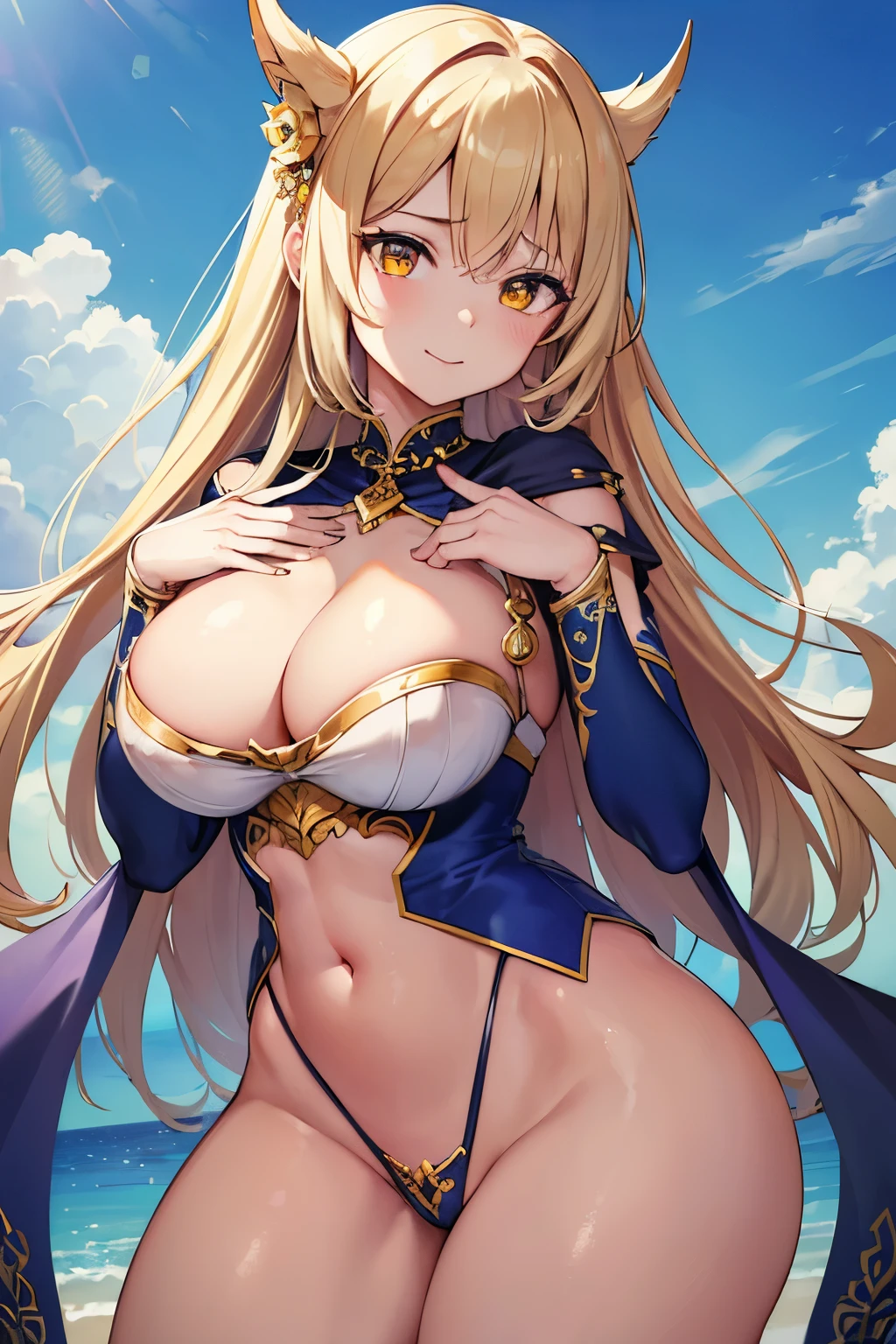 (Hyper realistic), (highest detailed), (masterpiece), (best quality), (high resolution), (sharp focused), (wallpaper), (intricate detail), (highest quality), absurdres, HAlliah, (yellow eyes:1.1), (hair ornament:1.1), AlliahARM, looking at viewer, (blue sky), clouds, cape, (clenched hand:1.1), smile, (detailed skin), (detailed face and eyes:1.2), (perfect anatomy), (round breasts), (bubble butt), (wide hips:1.1), (slim waist:1.1), (thick thighs:1.1), (detailed background), (perfect nails:1.1), (detailed hand and finger:1.2), (medium breasts:1.2), (busty), (deep cleavage:1.2), (labia outline:1.3), (hard teat:1.3).