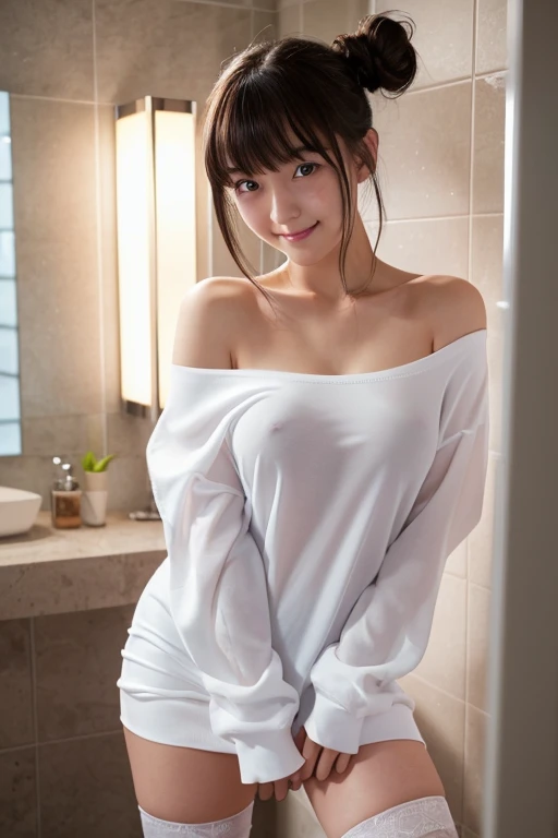 high quality, detailed,(at night:2.0),blue eyes.she is japanese gal,standing prostitute,in the shower room,she has a mole under her eye,very small breasts,(wearing long sleeve white oversized t-shirt dress,offshoulder,very very wet thin fabric shirt,),blunt bangs,((bun hair)),huge smile,((wearing overknee socks)),slender,face up,nipples,temptation