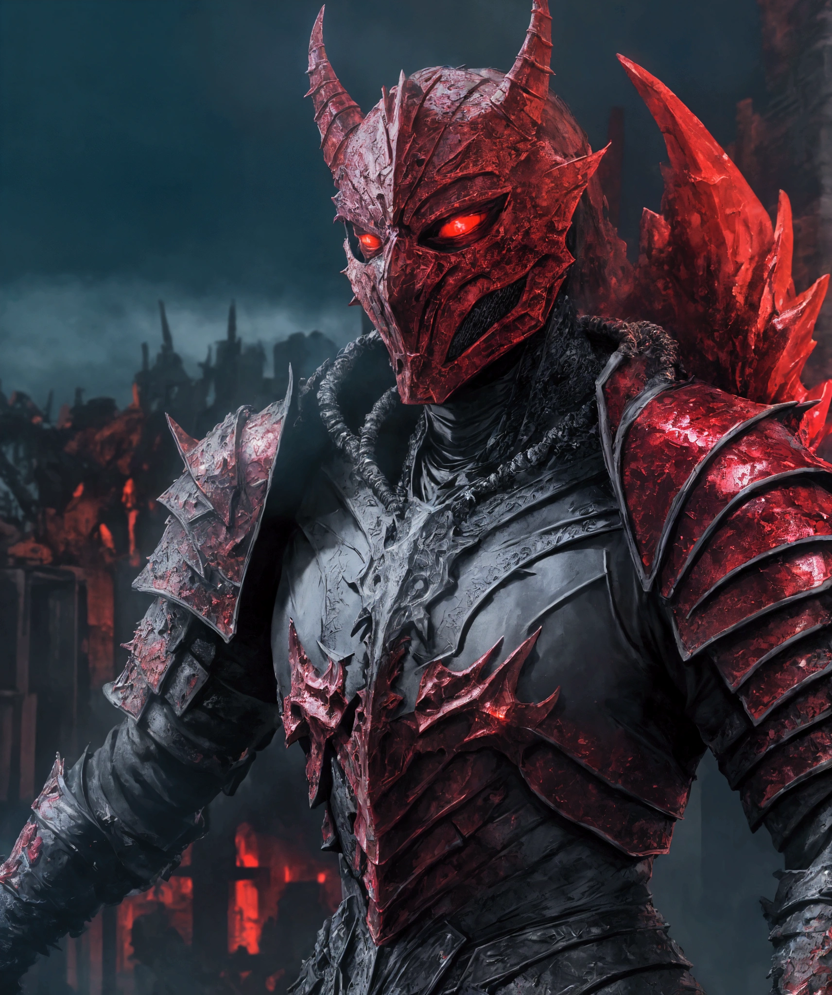 (extremely detailed 8k wallpaper), a medium shot photo of Grim dressed as a scary masked krystal-supervillain in a textured armour made of reddest red crystals glowing armour with textured details from marvel, theme, intricate, high detail, dramatic, big mud monster and destroyed buildings in the background