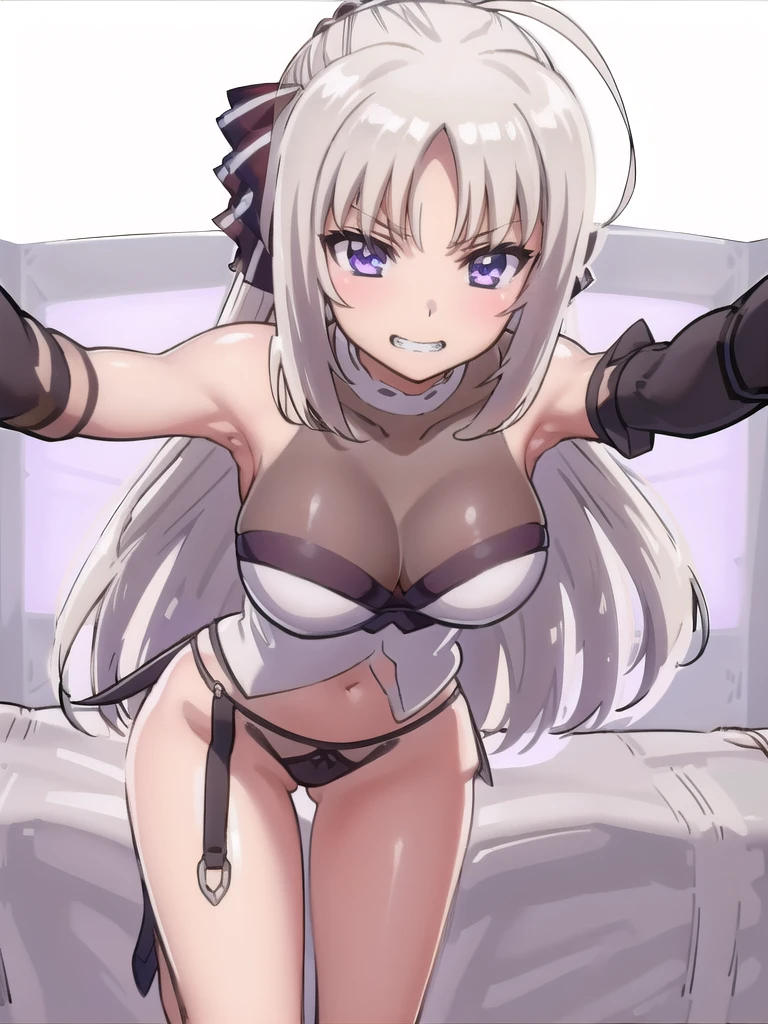 prison, kabedon pov, femdom, dominatrix, ((looking at viewer)), evil grin, ((bare shoulders)), ((black bustier)), ((black stockings)), ((black g-string)), ((black high heels)), ((black garter belt)), ((black elbow gloves)), 独奏, female standing, One girl, Long Hair, Purple eyes, chest, Ahoge, very Long Hair, large breasts, ribbon, hair ribbon, ponytail, bangs,