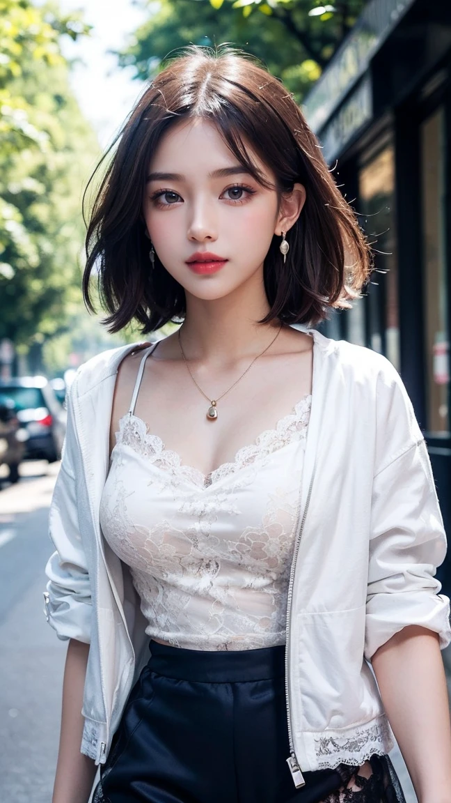 ((A beautiful girl walking down the Avenue Montaigne:1.5)), (masterpiece:1.3), light makeup, red lips, beautiful hair, (Medium Hair:1.3), elegant, soft lighting, Very fine details, masterworks, authentic texture, perfect work, 16k, high resolution, exquisite features, brown eyes, (Ultra-high resolution eye:1.1), Japanese idol, beautiful face, ((artists work)), (gentle smile like a goddess), attractive, well-shaped breasts, beautiful cleavage, shiny skin, smooth skin, BREAK, ((Navy Tulle camisole dress decorated with fine lace:1.3), BREAK, (White jacket and black hot pants:1.3), earrings, necklace, BREAK, upper body, ((Asking for a kiss:1.5)), (close up:1.2), Put your arms out in front of you