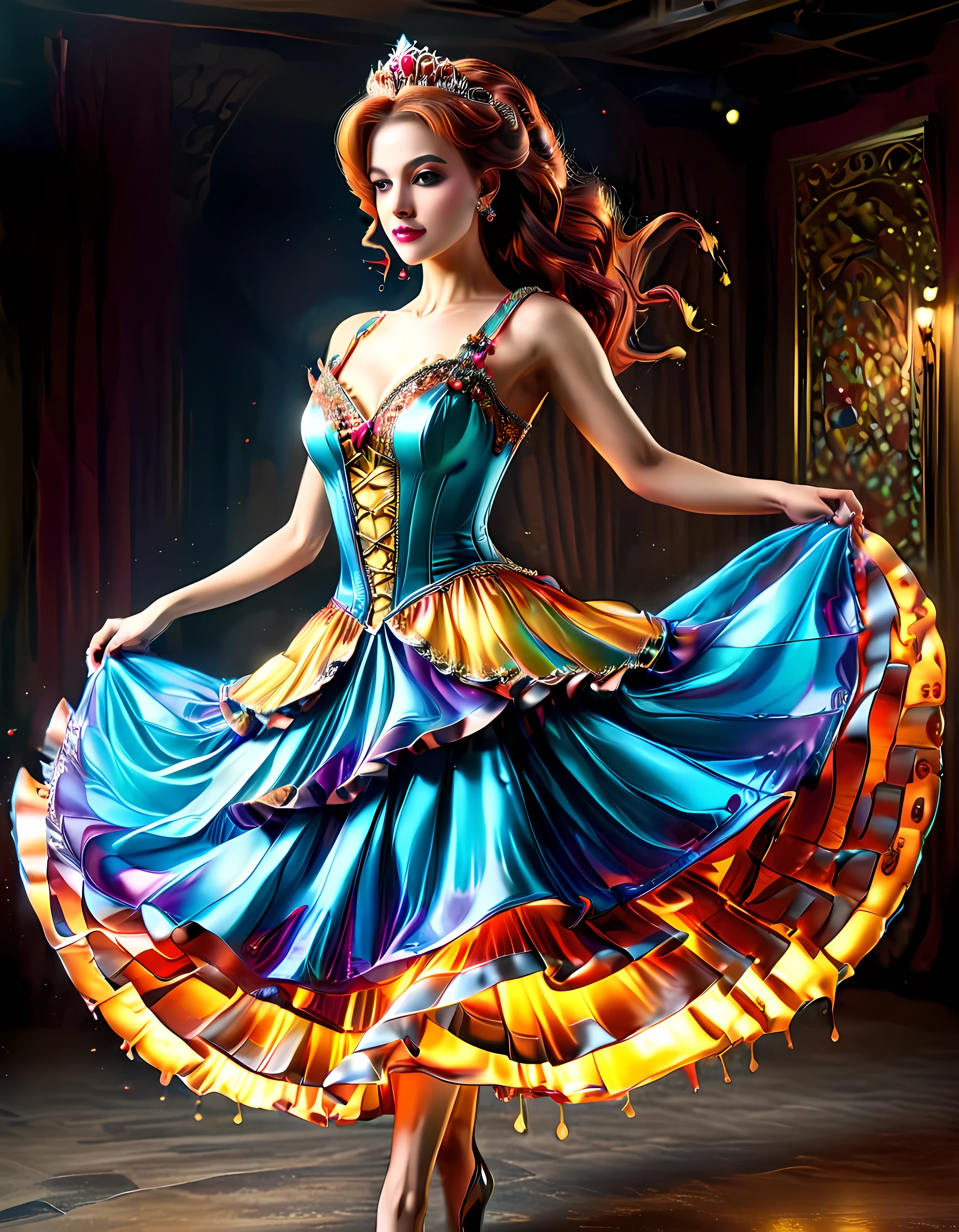 a ((liquid metal portrait: 1.5)) of woman ballroom dancer, a full body picture ((anatomically correct: 1.5)) ultra detailed face, dynamic hair color, dynamic hair style, dynamic skin complexion, (best detailed face: 1.5), of a exquisite beautiful female ballroom dancer, she is wearing a (colorful ballroom dress: 1.3), best detailed dress, colorful dress, multicores dress, royal fantasy ballroom background, ais-moltenz, artxldnc, ba11g0wnת princess dress