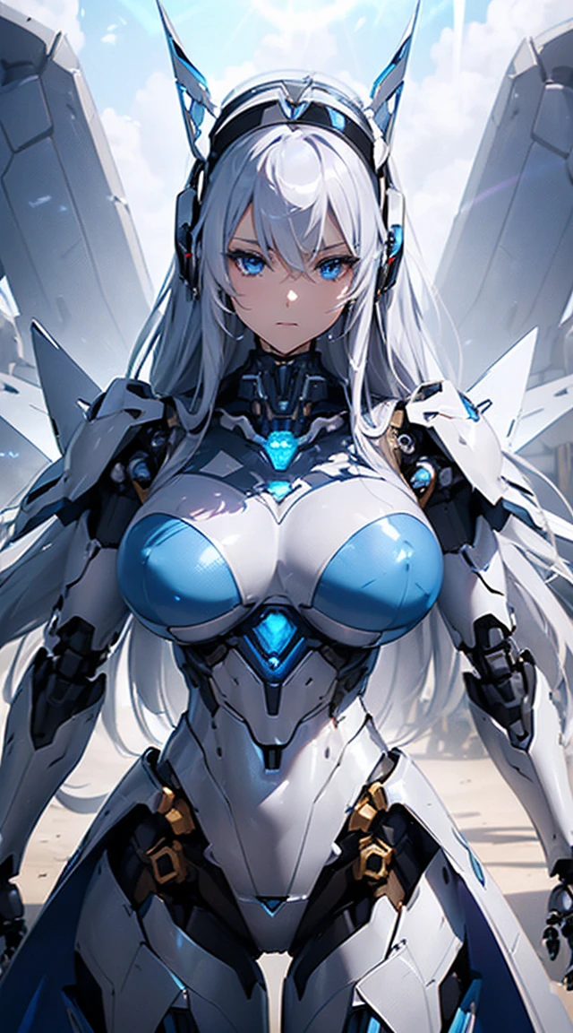((Intense action pose:1.6))、((Lenses shining on both breasts:1.3))、((A blue pillar of light emanates from both of his chests..:1.3))、smile、((8k)), ((32K)), ((Highest quality)), ((masterpiece)), ((Ultra-high resolution)), ((Tmasterpiece)), ((Halation:1.4))、((Mechaニカルheadgear:1.2))、((Cyber Headphones:1.3))、Fine skin, High quality fabric, Fine metal texture、((Beautiful and dense face))、RAW Photos、Professional, Ultra-fine painting, ((alone)), Beautiful breasts、Highest quality, Very detailed, Very detailed詳細, Finer details, so beautiful, ((Princess Knight Robot:1.2)), (Joint of the machine, Mechanical Limbs:1.3), (The internal structure of the machine is exposed:1.3), (Long silver hair:1.1), (Beautiful and huge mechanical breasts)、White Veil, cowboy_shot, Side Focus, headgear, Shiny、(Five Fingers, Four fingers and thumb),Concept Art, Anime fantasy artwork, Detailed fantasy art, (with pale blue-violet hair and large white wings,,,,,,,,), (((Long silver hair))), (Mecha:1.6)、Sleek and intimidating design, ((Commander-in-Chief'arm)), (Perfect robot body)、純白と青紫armまたは, Symmetrical wings, 8k高画質, Detailed Art, 8kでのキャラクターアートの3Dレンダリング, neat legs, Defined, Defined fingers,