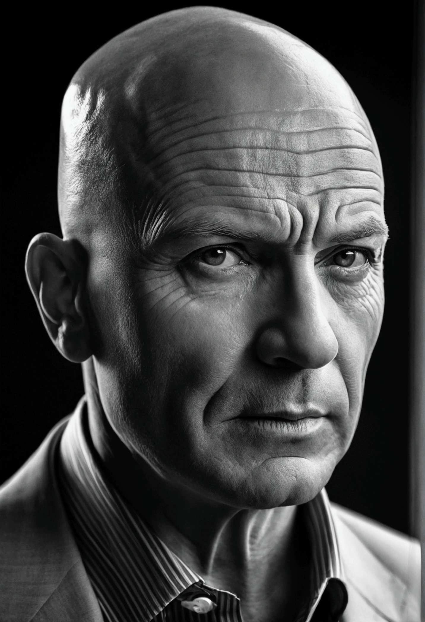 a bald man, detailed wrinkles, shiny head, confident expression, Powerful presence, bald head, mature man, Stylish outfit, charismatic look, sharp facial features, intense light, Monochrome color scheme, dramatic lighting, striking contrast, exquisite realism, High contrast shadows, exciting composition