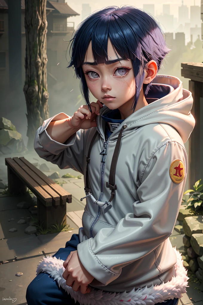 1, hinata_hyuuga, portraite, shorth hair, hair blue, Diamond band, locks, eye white, no pupils, hooded cloak, forehead protector, jaket, forst, combat stance, ready for battle