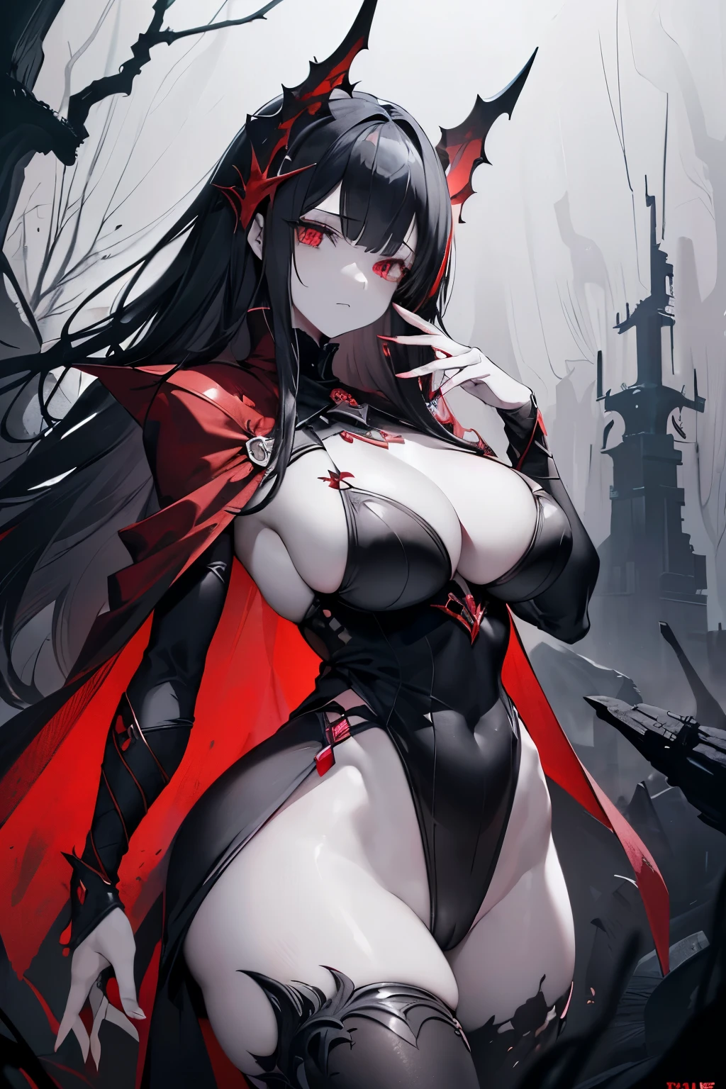 Chthonic art, (horror atmosphere), masterpiece, (monster woman:1.1), (pale skin), (spider legs:1.1), (red crystal eyes:1.1), (long bangs), (long black smooth collected hair:1.1), (gold helmet with red accents:1.1), (black and gray fabric armor:1.1) with (red accents), (short raincoat), (chthonically abandoned world), giant chthonic abandoned medieval buildings, (grey sky:1.1), overcast sky, rare trees, grey wasteland, (the presence of something scary), highly detailed background, (detailed face and eyes:1.2), (perfect anatomy), (round breasts), (bubble butt), (wide hips:1.1), (slim waist:1.1), (thick thighs:1.1), (detailed background), (perfect nails:1.1), (detailed hand and finger:1.2), (medium breasts:1.2), (busty), (deep cleavage:1.2), (labia outline:1.3), (hard teat:1.3).